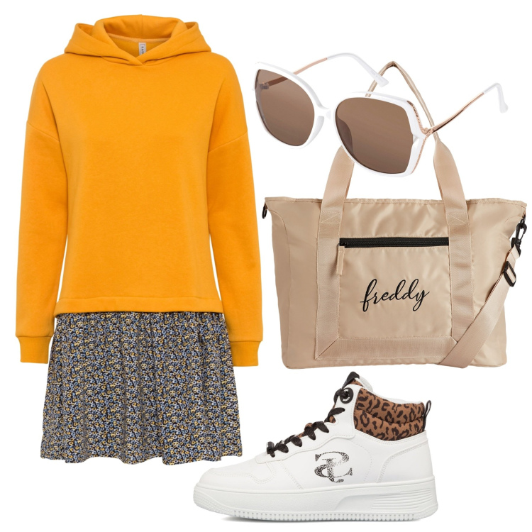 Outfit donna - Abito in felpa. Stile Urban per Tutti i giorni. Abbinamento con vestiti, occhiali da sole, borse tote, sneakers alte.