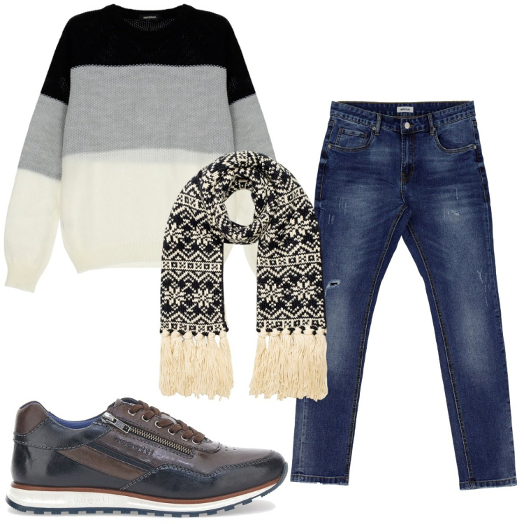 Outfit uomo - Total look #1778295. Stile Casual per Tutti i giorni. Abbinamento con jeans slim fit, maglieria, sciarpe, scarpe stringate.