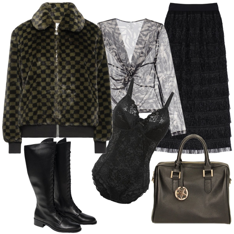 Outfit donna - Serata con la calda pelliccia ecologica. Stile Casual chic per Serata fuori. Abbinamento con body, cappotti, maglieria, borse a mano, gonne longuette, stivali sopra il ginocchio.
