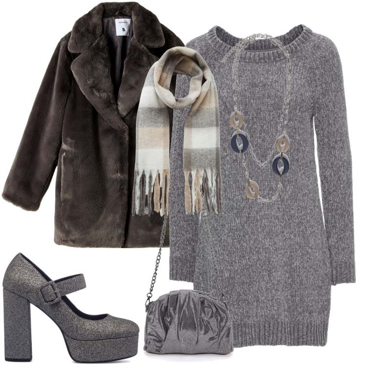 Outfit donna - Da mattina a sera. Stile Casual chic per Tutti i giorni. Abbinamento con vestiti, ecopellicce, sciarpe, décolleté, ciondoli, borse a tracolla.
