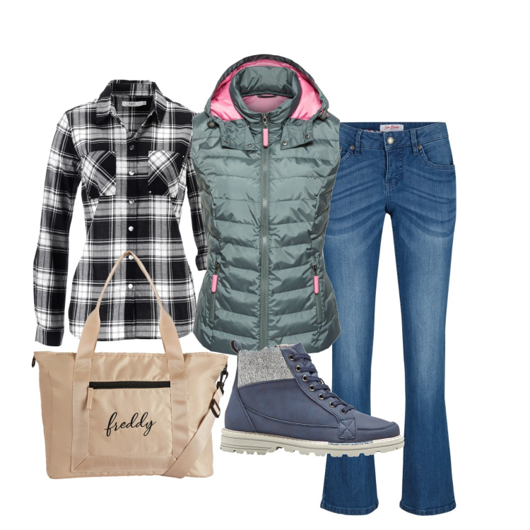 Outfit donna - Tempo libero. Abbinamento con gilet, stivaletti, camicie, jeans bootcut, borse tote.