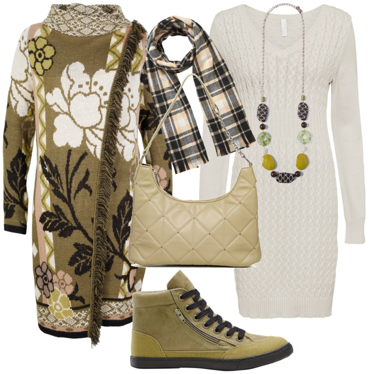 Outfit donna - Total look #1778362. Stile Casual per Tutti i giorni. Abbinamento con vestiti, cardigans, sneakers, sciarpe, borse a spalla, collane.