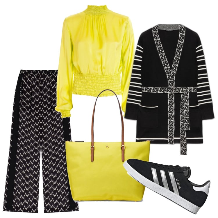 Outfit donna - Japanese style. Stile Basic per Tutti i giorni. Abbinamento con cardigans, bluse, pantaloni a palazzo, borse tote, sneakers.