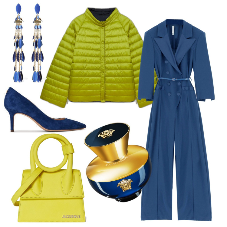 Outfit donna - Jumpsuit per le festività. Stile Glamour per Serata fuori. Abbinamento con profumi, tute, décolleté, cappotti, orecchini, borse a mano.