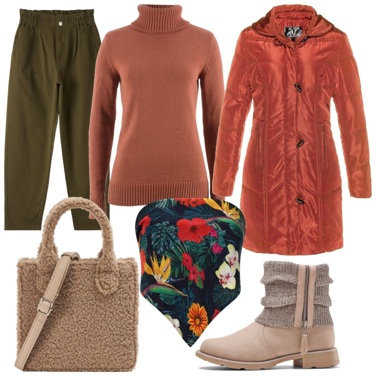 Outfit donna - Il foulard a fiori. Stile Casual per Tutti i giorni. Abbinamento con stivaletti, maglieria, maglieria, pantaloni, shopping bag, foulard.