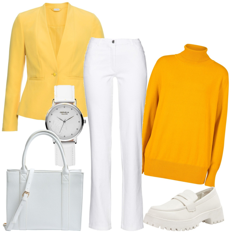 Outfit donna - Colore su bianco. Stile Casual per Tutti i giorni. Abbinamento con pantaloni, blazer, maglieria, mocassini, shopping bag, orologi analogici.
