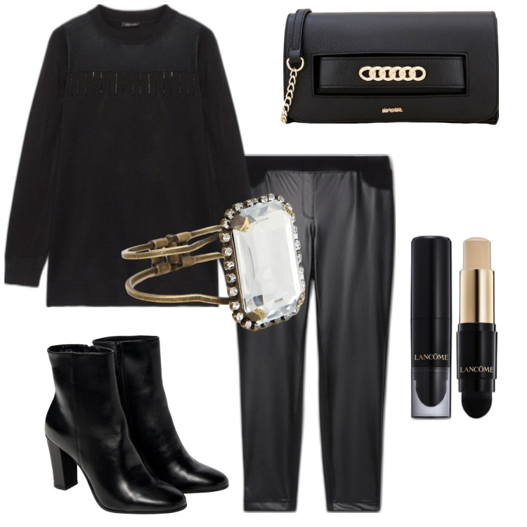 Outfit donna - Maglia con trasparenza. Stile Chic per Serata fuori. Abbinamento con fondotinta, pochette, braccialetti, maglieria, pantaloni skinny, stivaletti.