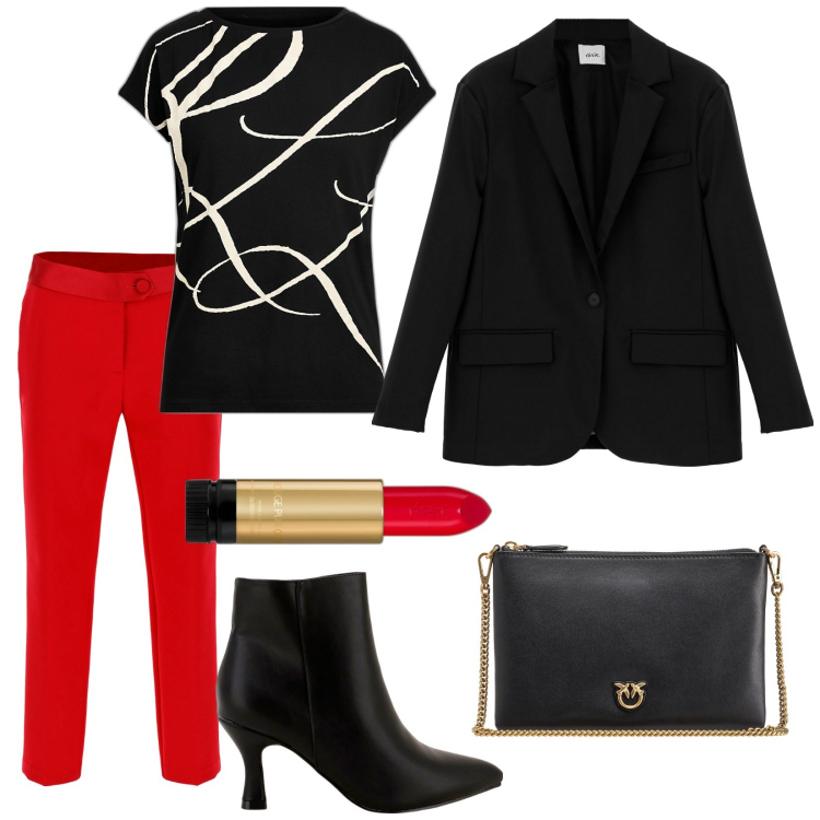 Outfit donna - Pranzo di lavoro. Stile Chic per Ufficio. Abbinamento con rossetti, borse a tracolla, pantaloni, stivaletti, giacche, maglieria.