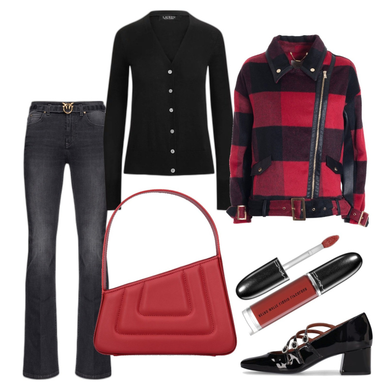 Outfit donna - Il chiodo in versione scozzese. Stile Casual chic per Serata fuori. Abbinamento con rossetti, jeans, blazer, cardigans, borse a spalla, scarpe col tacco.