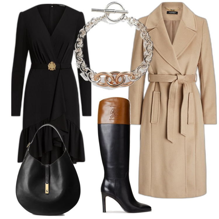 Outfit donna - Ralph Lauren Christmas. Stile Bon Ton per Serata fuori. Abbinamento con borse a spalla, vestiti, cappotti, stivali sopra il ginocchio, braccialetti.