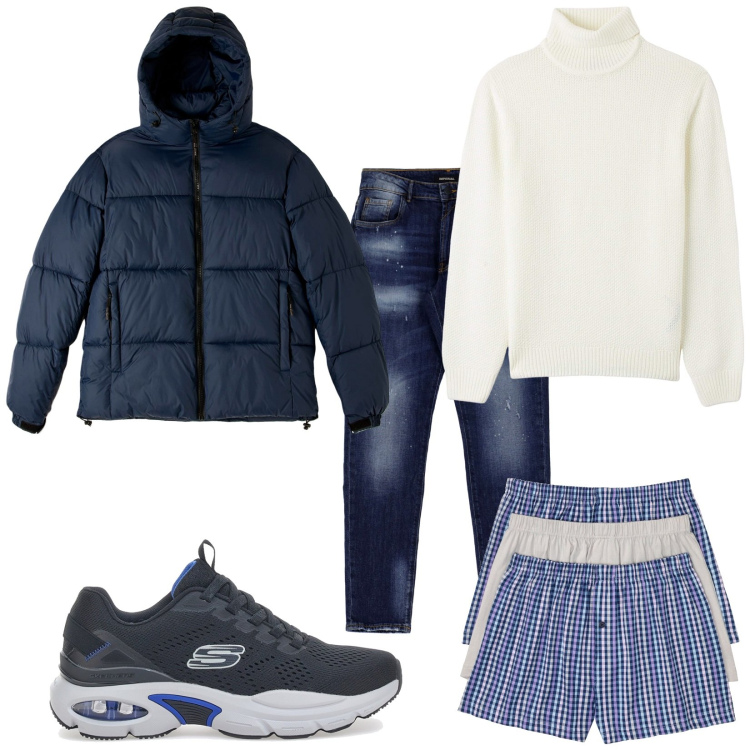 Outfit uomo - Total look #1778448. Stile Casual per Tutti i giorni. Abbinamento con boxer, maglieria, piumini, jeans slim fit, sneakers.