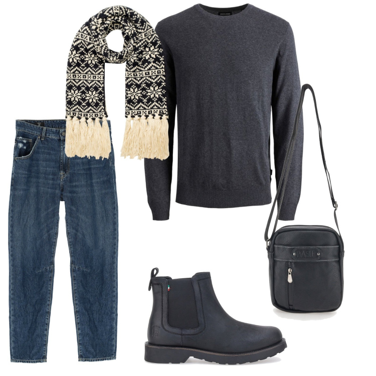 Outfit uomo - Total look #1778452. Stile Casual per Tutti i giorni. Abbinamento con jeans, sciarpe, maglieria, portafogli, stivali e stivaletti.