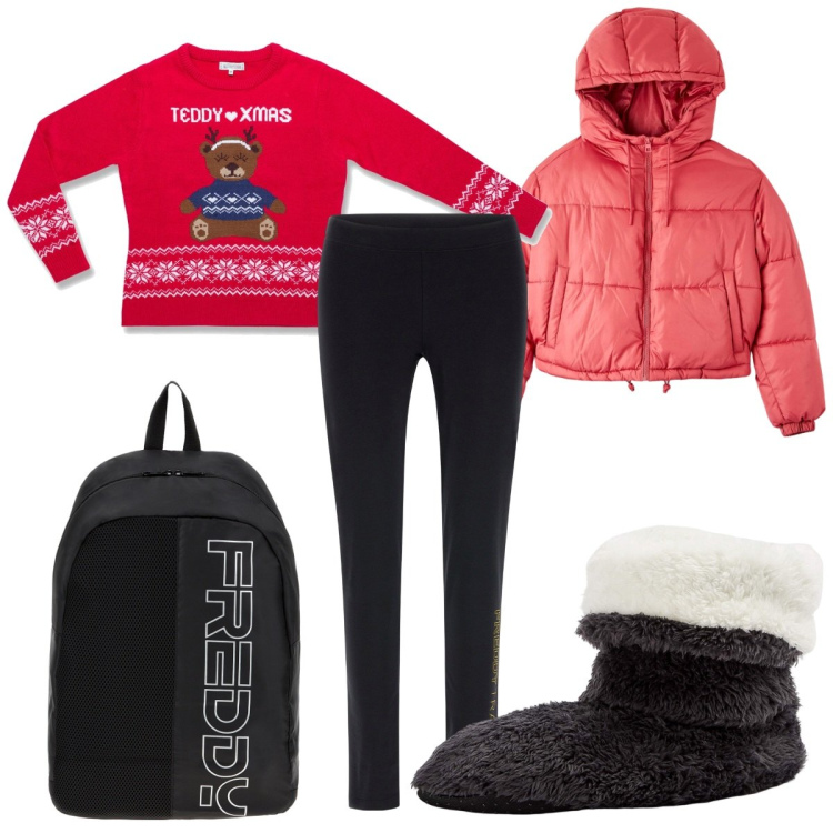 Outfit donna - Total look #1778479. Stile Trendy per Tutti i giorni. Abbinamento con stivaletti, piumini, zaini, leggings, maglieria.