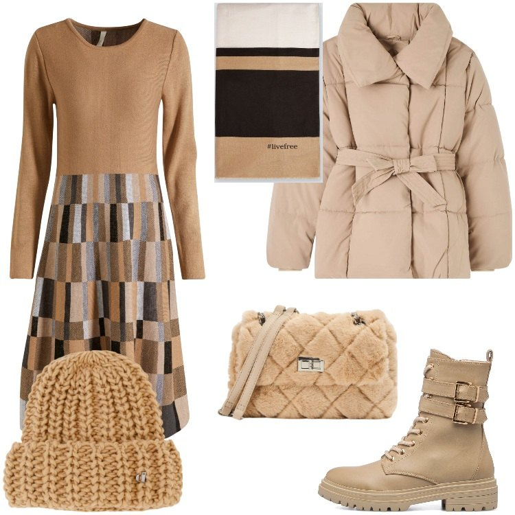 Outfit donna - Xmas Curvy - Dicembre. Stile Urban per Tutti i giorni. Abbinamento con vestiti, piumini, borse a spalla, berretti, anfibi, sciarpe.