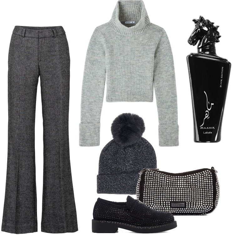 Outfit donna - Xmas in Black - Dicembre. Stile Trendy per Serata fuori. Abbinamento con pantaloni a palazzo, profumi, maglieria, mocassini, clutch, berretti.