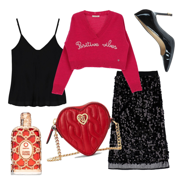 Outfit donna - Happy New Year !. Stile Chic per Tutti i giorni. Abbinamento con profumi, maglieria, décolleté, canottiere, gonne longuette, pochette.