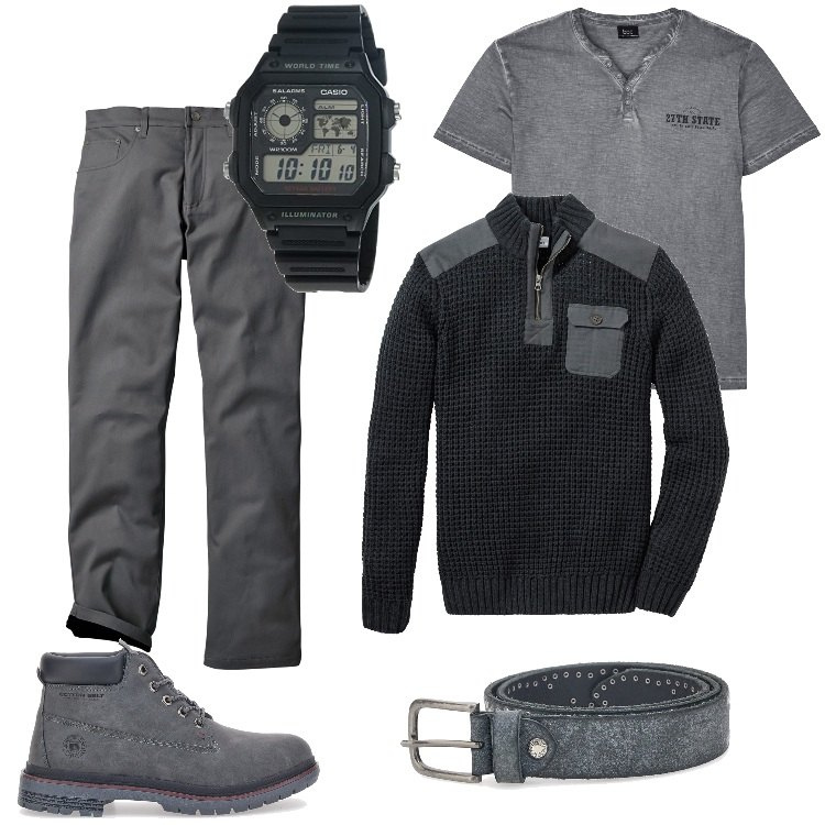 Outfit uomo - X Xmas - Dicembre. Stile Trendy per Tutti i giorni. Abbinamento con maglieria, pantaloni, t-shirt, stivali e stivaletti, cinture, orologi.
