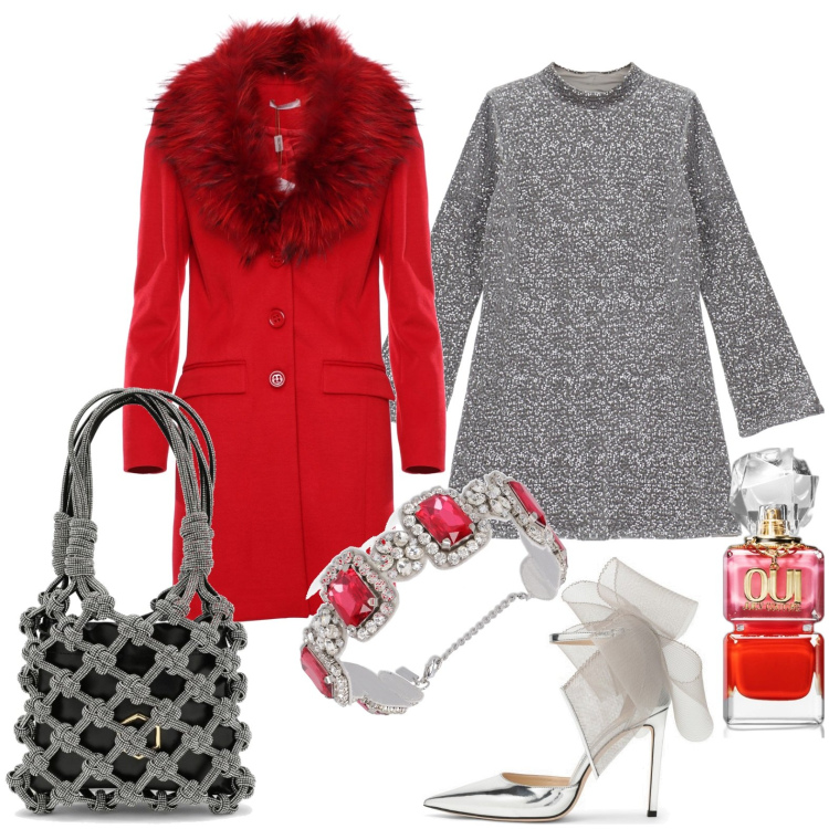 Outfit donna - 31 Dicembre - Mini abito e maxi fiocco. Stile Sexy per Serata fuori. Abbinamento con profumi, cappotti, vestiti corti, décolleté, collane, borse a mano.