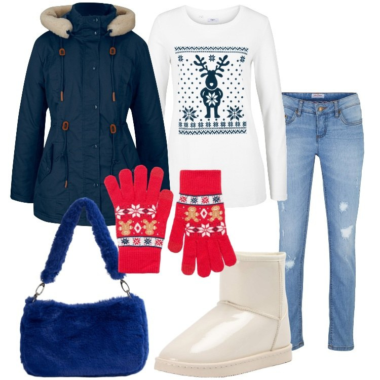 Outfit donna - Natale in baita Curvy Style. Stile Casual per Tutti i giorni. Abbinamento con parka, jeans skinny, maglieria, stivaletti, borse a spalla, guanti.