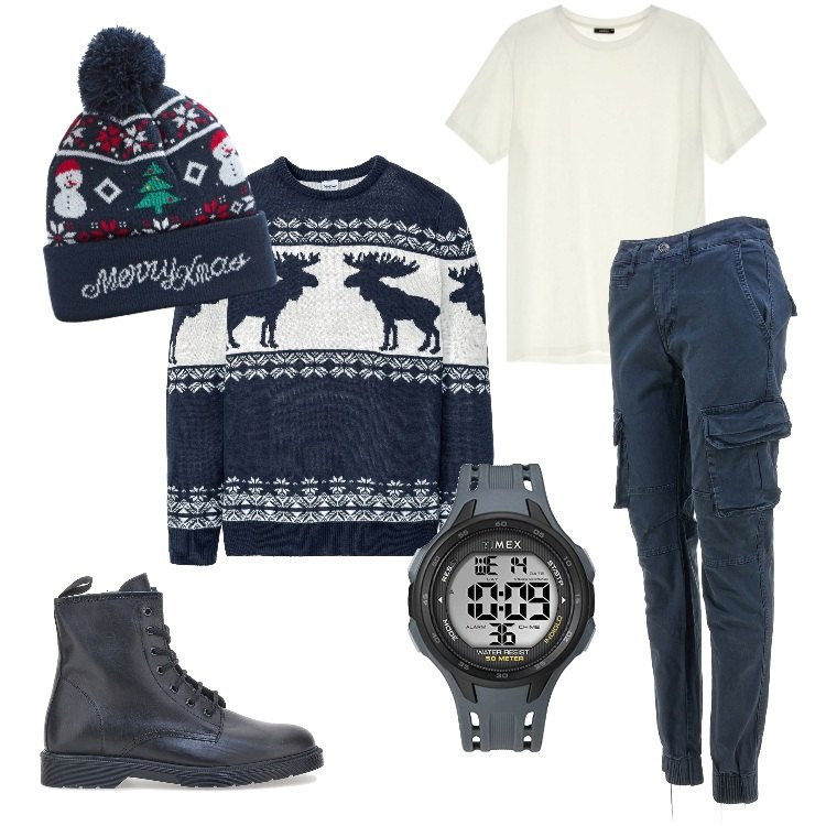 Outfit uomo - X Xmas - Dicembre. Stile Trendy per Serata speciale. Abbinamento con maglieria, berretti, t-shirt, pantaloni cargo, anfibi, orologi digitali.