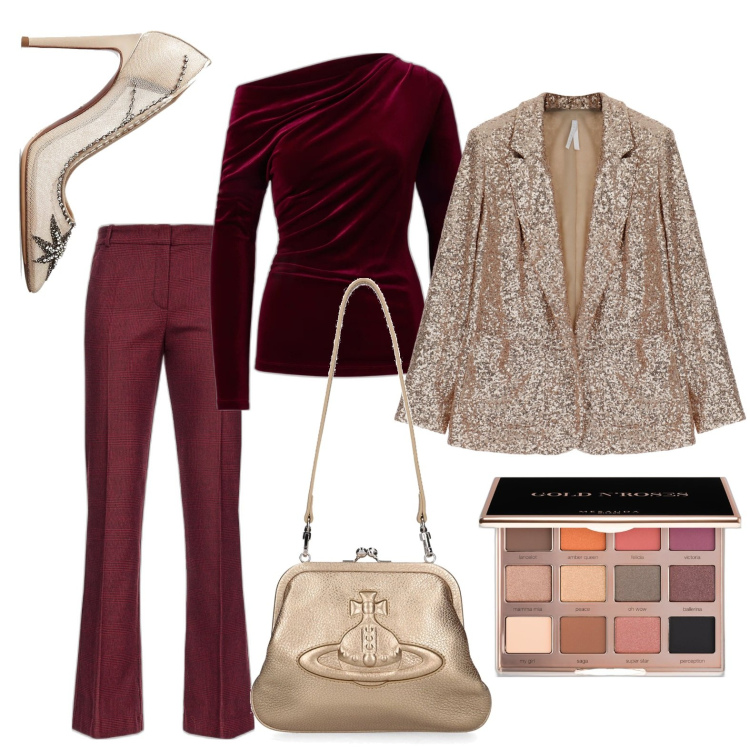 Outfit donna - Concerto di Capodanno. Stile Chic per Serata fuori. Abbinamento con ombretti, pantaloni, cappotti, top, décolleté, pochette.