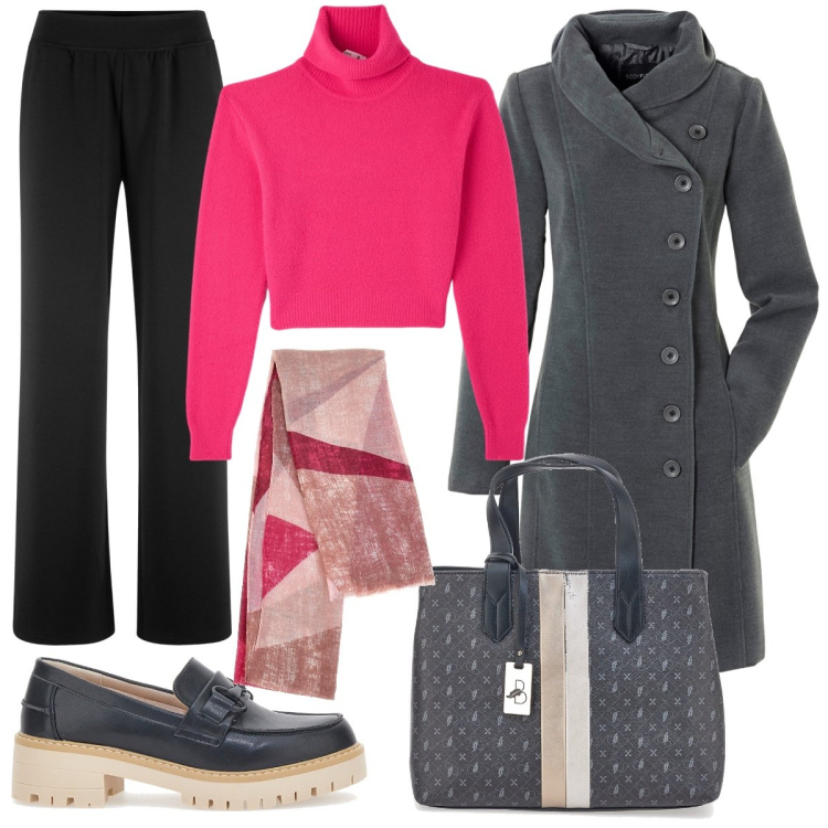 Outfit donna - Total look #1778556. Stile Casual chic per Tutti i giorni. Abbinamento con cappotti, pantaloni a palazzo, maglieria, mocassini, borse a mano, sciarpe.