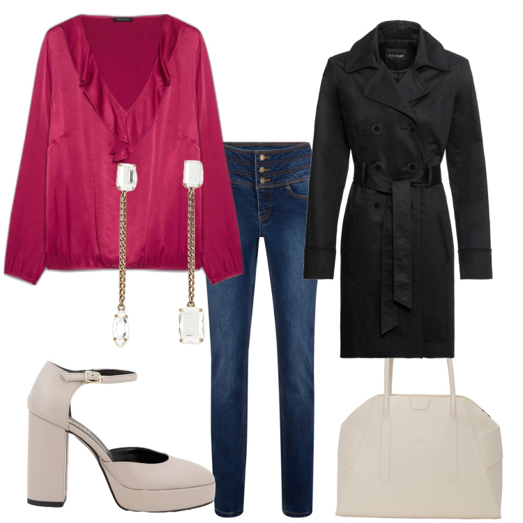 Outfit donna - Casual chic. Stile Casual chic per Tutti i giorni. Abbinamento con trench, jeans slim fit, décolleté, orecchini, bluse, borse a spalla.