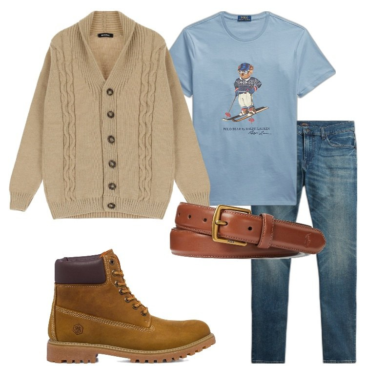 Outfit uomo - Regali sotto l\'albero. Stile Casual per Tutti i giorni. Abbinamento con cardigans, cinture, t-shirt, jeans, stivali e stivaletti.