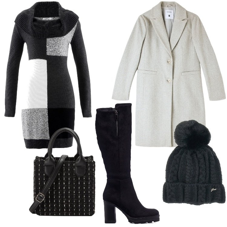 Outfit donna - Xmas Curvy - Dicembre. Stile Trendy per Serata fuori. Abbinamento con vestiti midi/longuette, shopping bag, cappotti, stivali sopra il ginocchio, berretti.