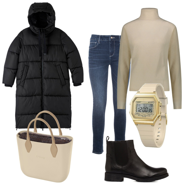 Outfit donna - Total look #1778607. Stile Basic per Tutti i giorni. Abbinamento con piumini, jeans skinny, stivaletti, pullovers, orologi, borse a spalla.