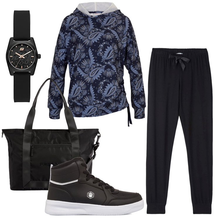 Outfit donna - Felpa Paisley. Stile Casual per Tutti i giorni. Abbinamento con felpe con cappuccio, pantaloni, borse tote, sneakers alte, orologi.