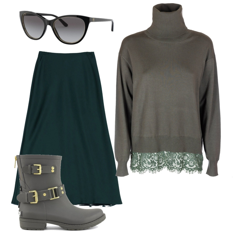 Outfit donna - Merletto verde. Stile Casual chic per Scuola/Università. Abbinamento con maglieria, gonne longuette, occhiali da sole, stivali.