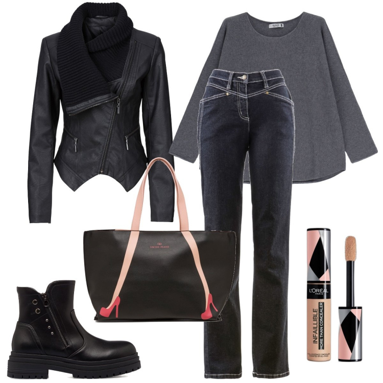 Outfit donna - Il giubbotto con zip laterale. Stile Casual chic per Serata fuori. Abbinamento con blazer, jeans dritti, correttori, maglieria, stivaletti, borse a spalla.