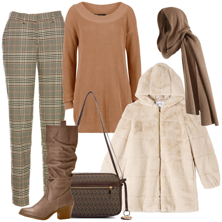Outfit donna - Total look #1778633. Stile Casual chic per Tutti i giorni. Abbinamento con stivali, pantaloni, maglieria, sciarpe, ecopellicce, borse a tracolla.