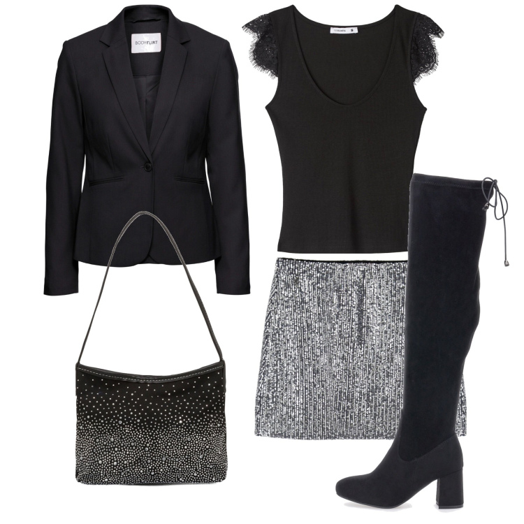 Outfit donna - Capodanno 2023. Stile Chic per Serata fuori. Abbinamento con blazer, canottiere, minigonne, clutch, stivali sopra il ginocchio.