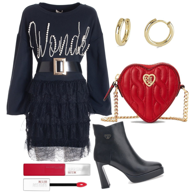 Outfit donna - L’abito felpa. Stile Sexy per Serata fuori. Abbinamento con rossetti, orecchini, vestiti, pochette, stivaletti.