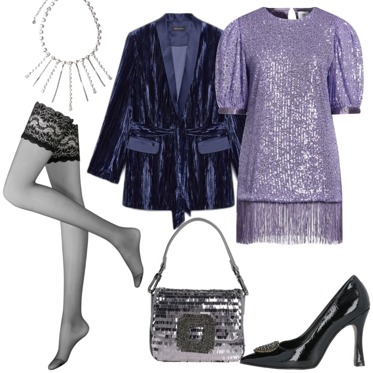 Outfit donna - Il miniabito lurex lilla. Stile Glamour per Cerimonia. Abbinamento con vestiti corti, décolleté, borse a mano, collant, blazer, collane.