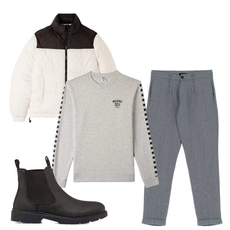 Outfit uomo - Un po\' di bianco. Stile Urban per Tutti i giorni. Abbinamento con felpe, piumini, pantaloni, stivali e stivaletti.