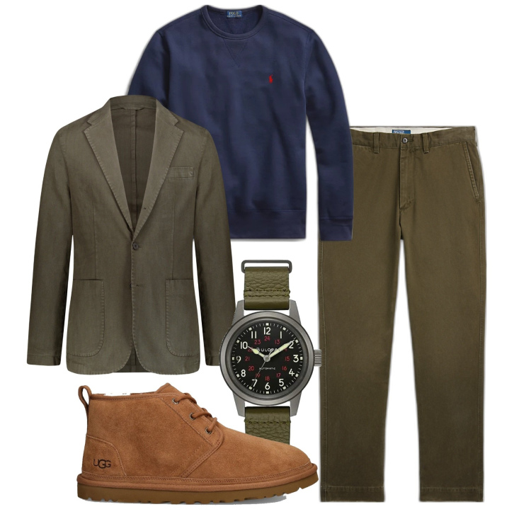 Outfit uomo - Blu e muschio. Stile Trendy per Tutti i giorni. Abbinamento con felpe, pantaloni chino, giacche, scarpe stringate, orologi analogici.
