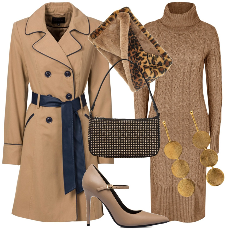 Outfit donna - Total look #1778687. Stile Casual chic per Serata fuori. Abbinamento con trench, vestiti midi/longuette, borse a spalla, décolleté, sciarpe, orecchini.