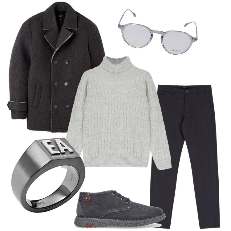Outfit uomo - Grigio essenziale. Stile Urban per Tutti i giorni. Abbinamento con pantaloni, maglieria, giacche, occhiali da sole, scarpe stringate, anelli.