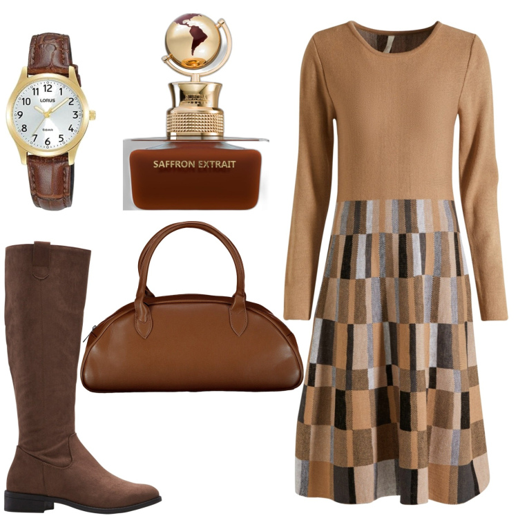 Outfit donna - Marrone Glamour ufficio. Stile Glamour per Ufficio. Abbinamento con vestiti, stivali, profumi, borse a spalla, orologi.