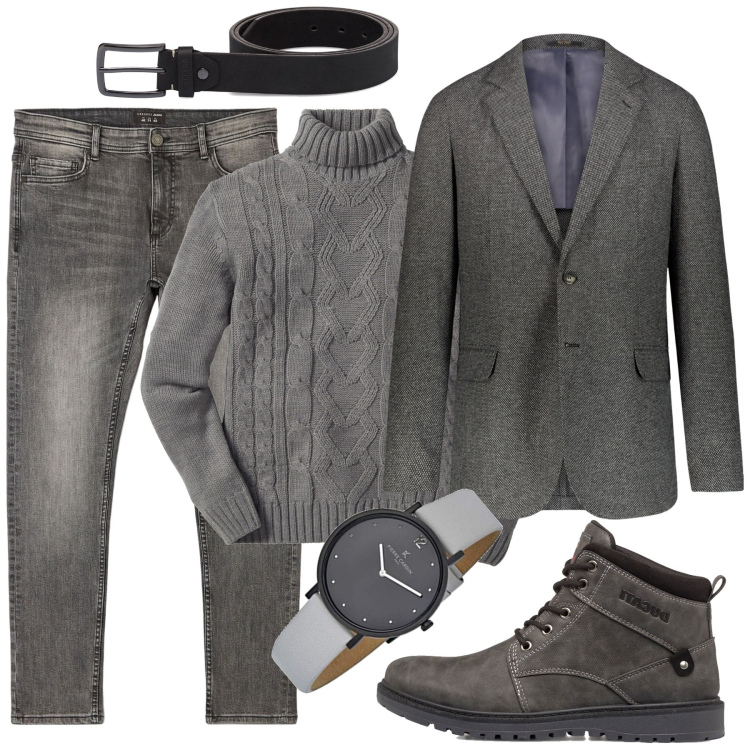Outfit uomo - Nuance di grigio. Stile Trendy per Tutti i giorni. Abbinamento con maglieria, jeans skinny, stivali e stivaletti, cinture, giacche, orologi.