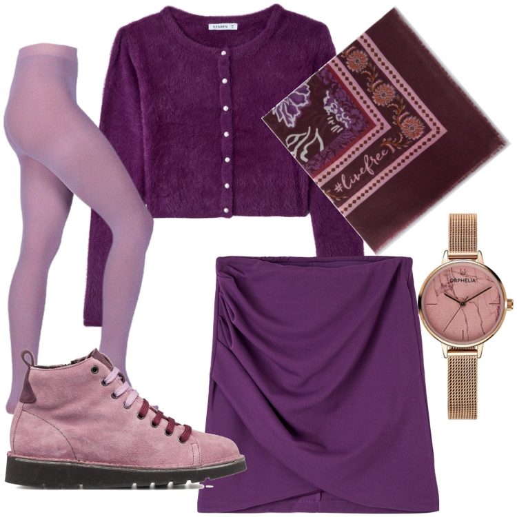 Outfit donna - Total look #1778733. Stile Casual per Tutti i giorni. Abbinamento con cardigans, gonne, collant, stivaletti, orologi analogici, foulard.