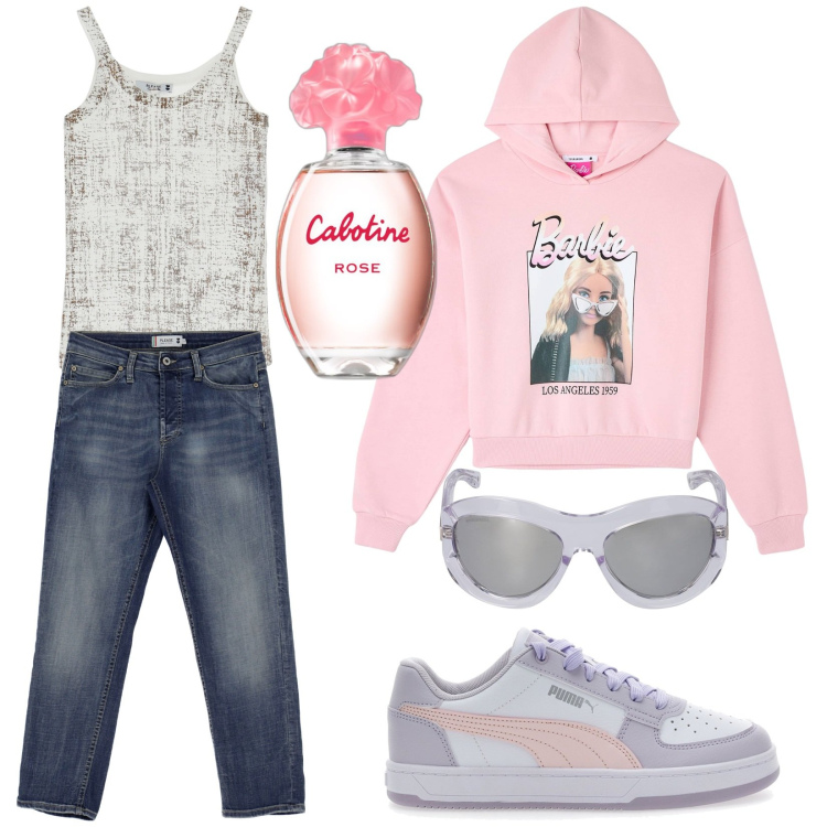 Outfit donna - Total look #1778734. Stile Casual per Tutti i giorni. Abbinamento con profumi, felpe con cappuccio, canottiere, jeans dritti, occhiali da sole, sneakers.