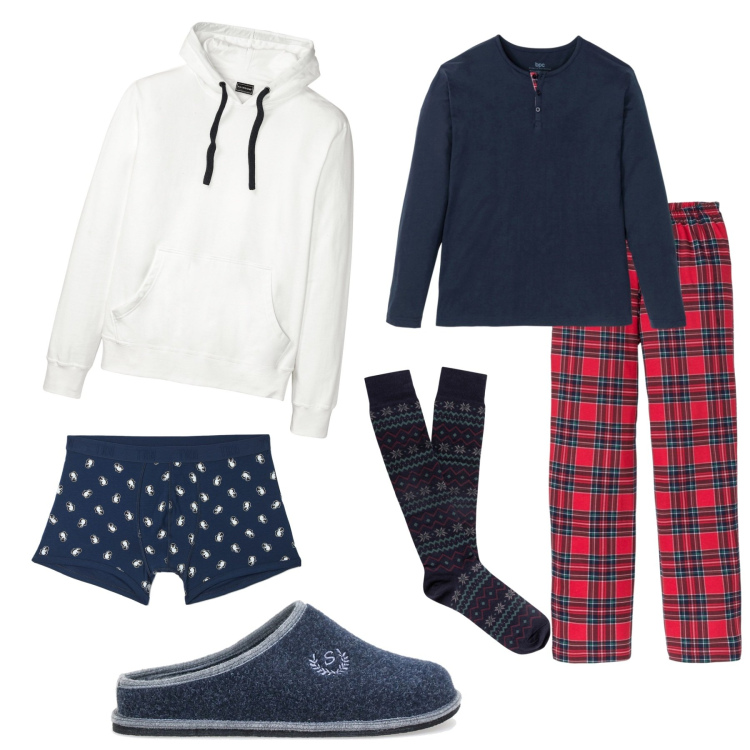 Outfit uomo - Serata in casa al calduccio. Stile Casual per Tutti i giorni. Abbinamento con abbigliamento da notte, felpe con cappuccio, boxer, pantofole, calzini.