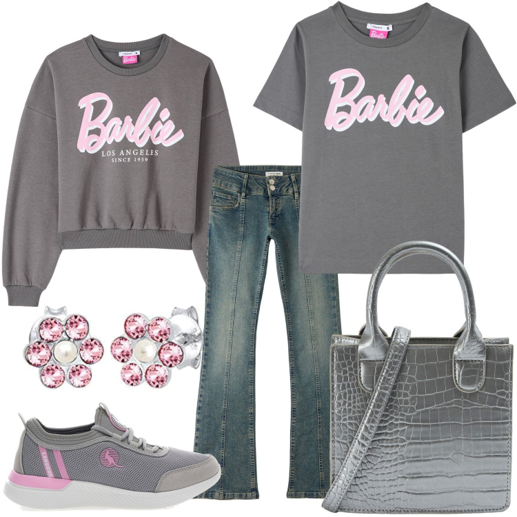 Outfit donna - Barbie in jeans e borsa chic. Stile Trendy per Tutti i giorni. Abbinamento con felpe, t-shirt, shopping bag, jeans a zampa, sneakers, orecchini.