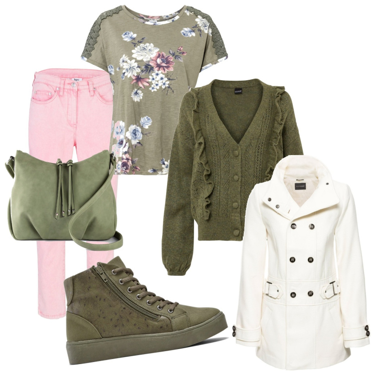 Outfit donna - Effettivamente somigliante. Stile Casual chic per Ufficio. Abbinamento con pantaloni, cardigans, sneakers alte, blazer, maglieria, borse a tracolla.