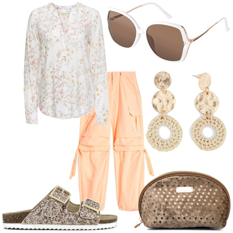 Outfit donna - In lucentezza estiva. Stile Trendy per Tutti i giorni. Abbinamento con camicie, orecchini, occhiali da sole, pantaloni cargo, clutch, sandali.