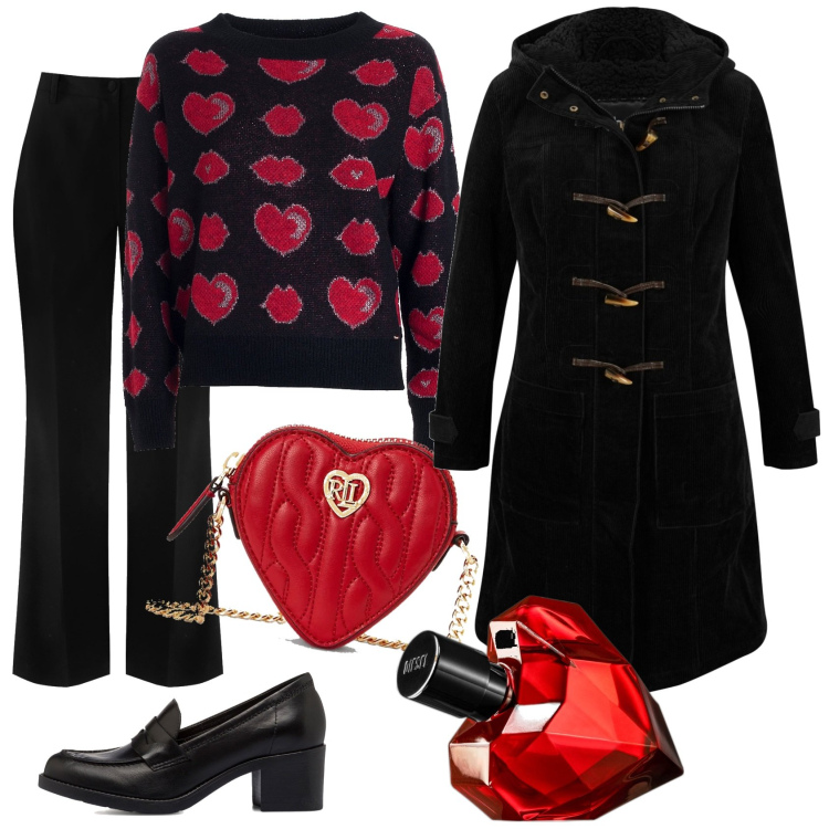 Outfit donna - Passione cuore. Stile Romantica per Tutti i giorni. Abbinamento con montgomery, profumi, pantaloni, maglieria, pochette, mocassini.